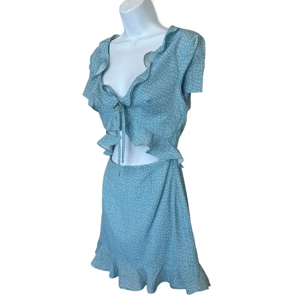 Superdown Pastel Blue Polka Dot Mini Dress XS Ruffle Cut Out Waist Y2K $72 NEW - Picture 5 of 7